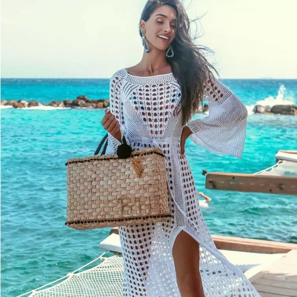 Crochet Open Knit Mesh Swimsuit Cover-Up in White OSFM XS-M - Picture 3 of 9